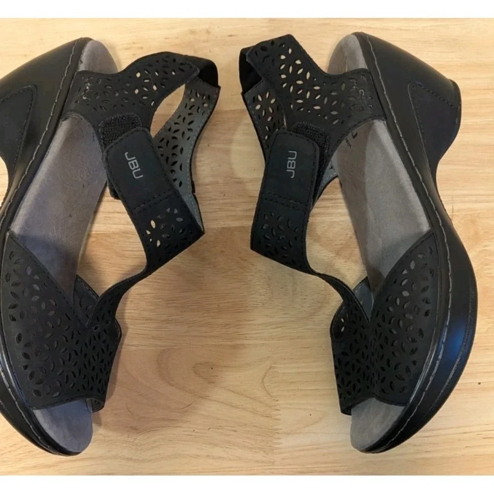 JBU By Jambu Sandals 7.5M Chloe Wedge Heels Laser Cut Black Vegan Leather Strap